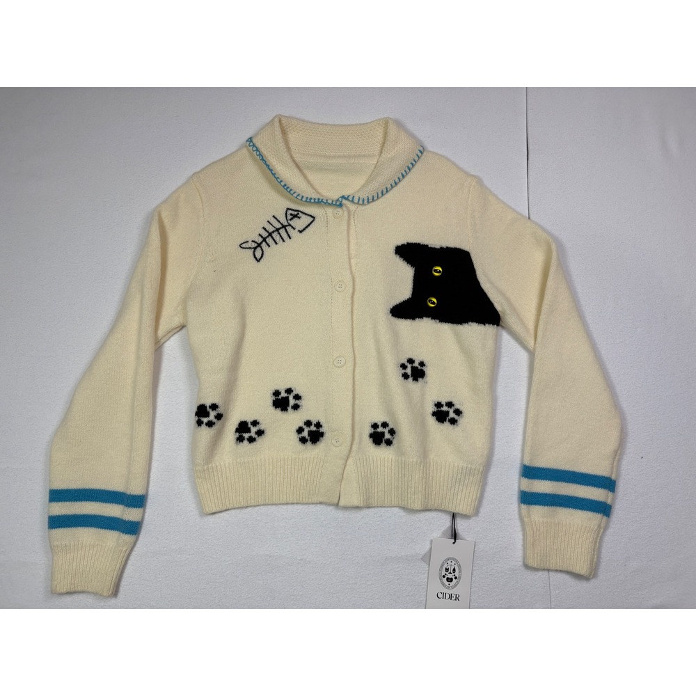 Cider Womens Cat Paw Print Fishbone Cardigan Sweater Cream Blue Large NWT